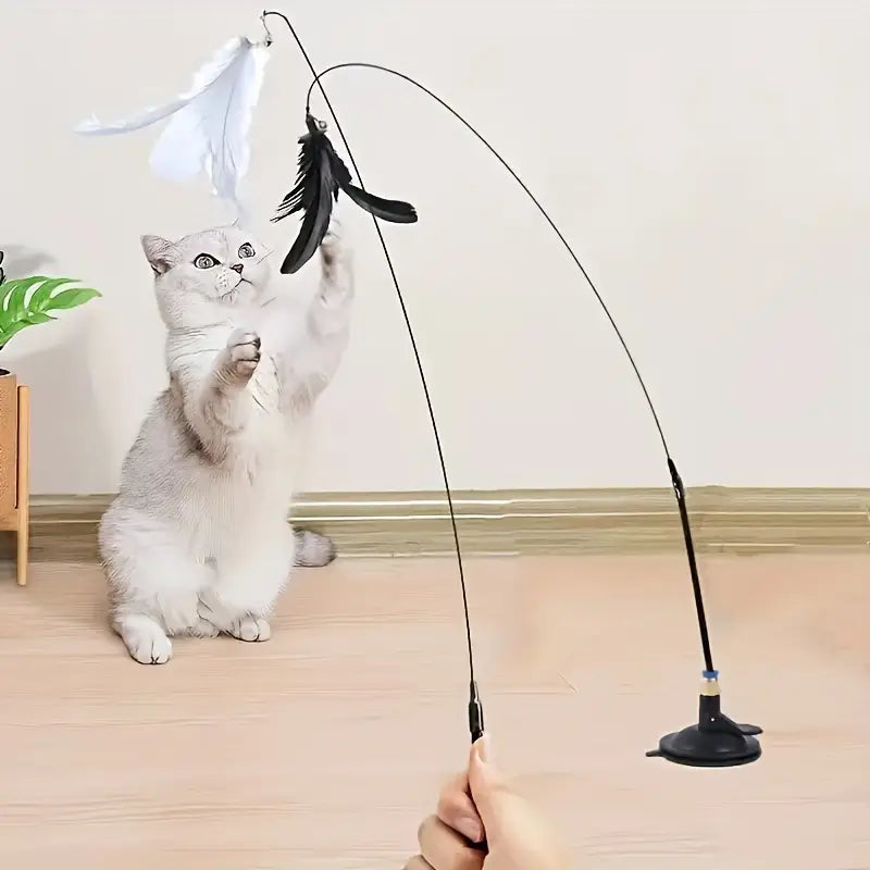 Interactive Suction Cup Cat Teaser Toy – Feather Stick for Indoor Cats